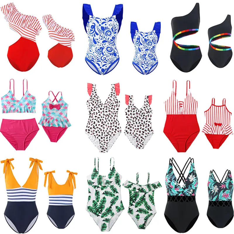 Family Matching Look Mom Girls Kids Ruffles Swimsuit Family Beach Wear Mother and Daughter Swimwear Outfit Women Stripe Swimsuit 6