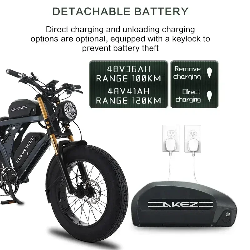 Ebike AKEZ Dual Battery Mountain Electric Bike, Urban Off-Road E-Bike, Snow fatbike, 1500W, 48V, 41Ah, 20 "Tire, 55 km/h