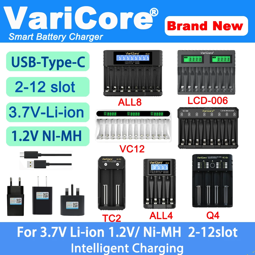 Battery Charger 2-12-slot Intelligent Portable For 3.7V 1.5v Lithium 18650 26650 21700 18500 18350 16340 1.2V NI-MH Ni-Cd AA AAA