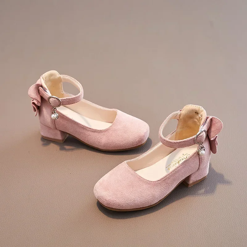 Fashion Gilrs Ankle Strap Fur Leather High Heels Shoes Toddler Girls Pearl Princess Shoes 6-16Y Party Dress Shoes Autumn Spring 6