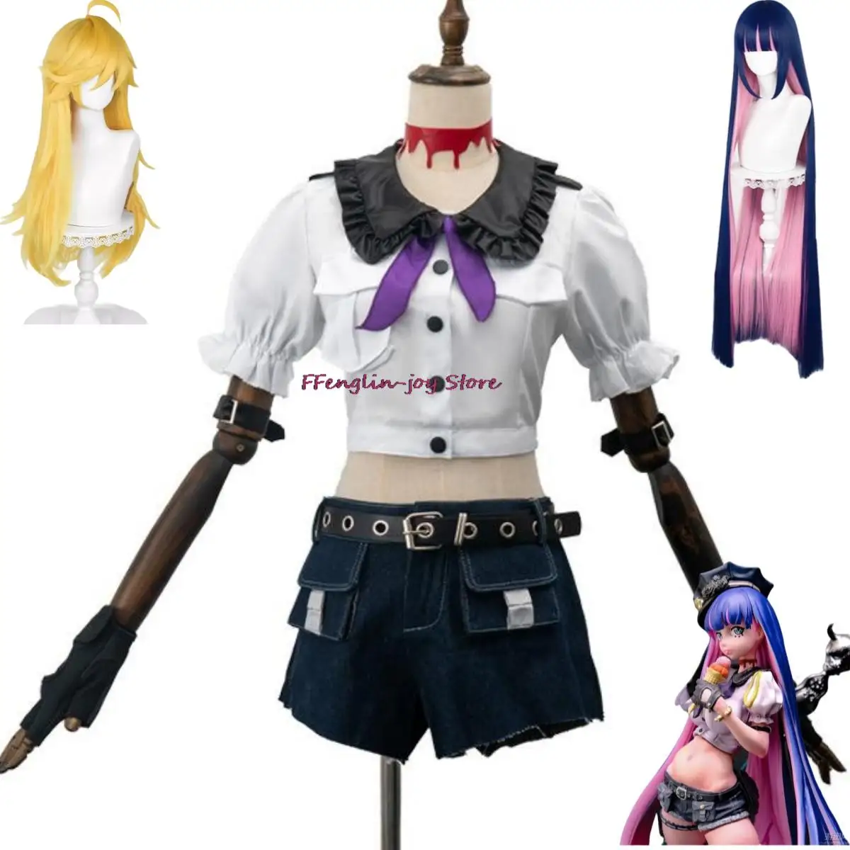 

Anime Panty & Stocking With Garterbelt Heroine Anarchy Stocking Cosplay Costume Wig Female Police Officer Uniform Woman Sexy Set