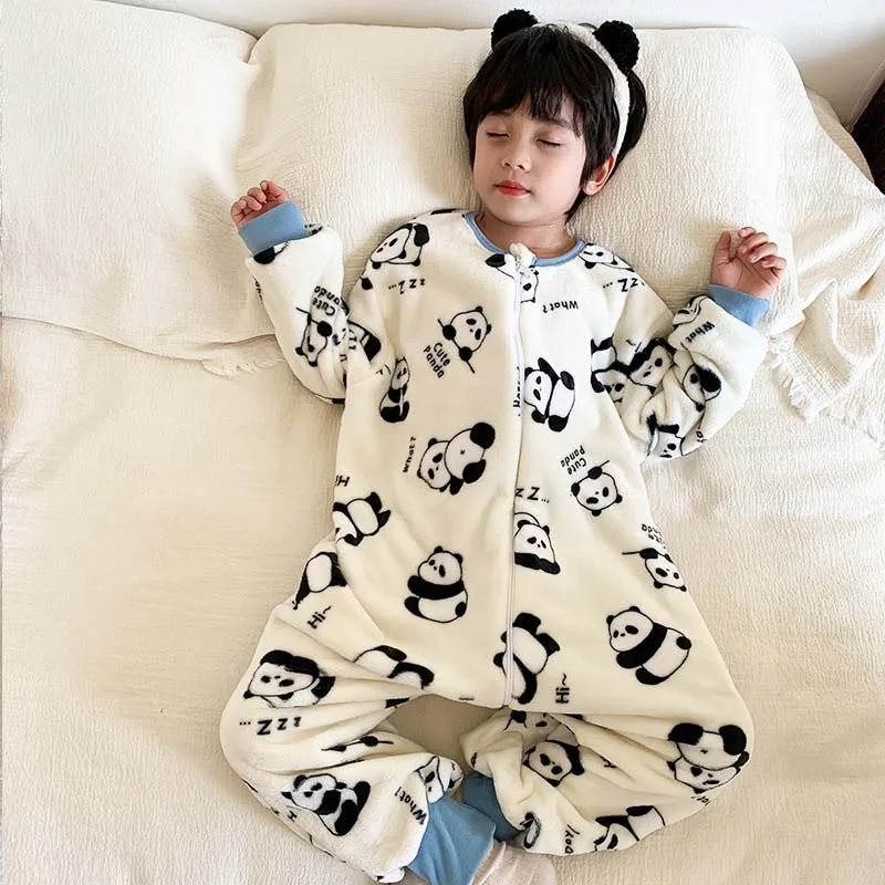 Winter Kids Onesie Pajamas Bear Panda Pattern Children Boys Girl Jumpsuit Anti Kick Split Legs Loungewear Home Thermal Sleepwear