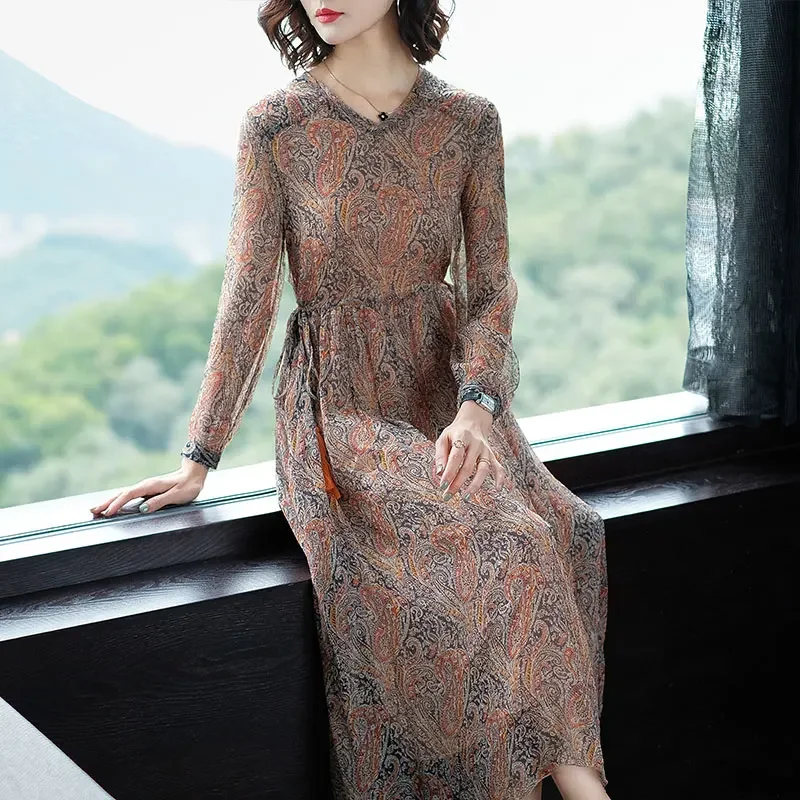 

100% шелковые платья для женщин, Длинное Элегантное женское платье с цветочным принтом, женское демисезонное платье с V-образным вырезом, 2024, Vestido De Mujer Pph3194