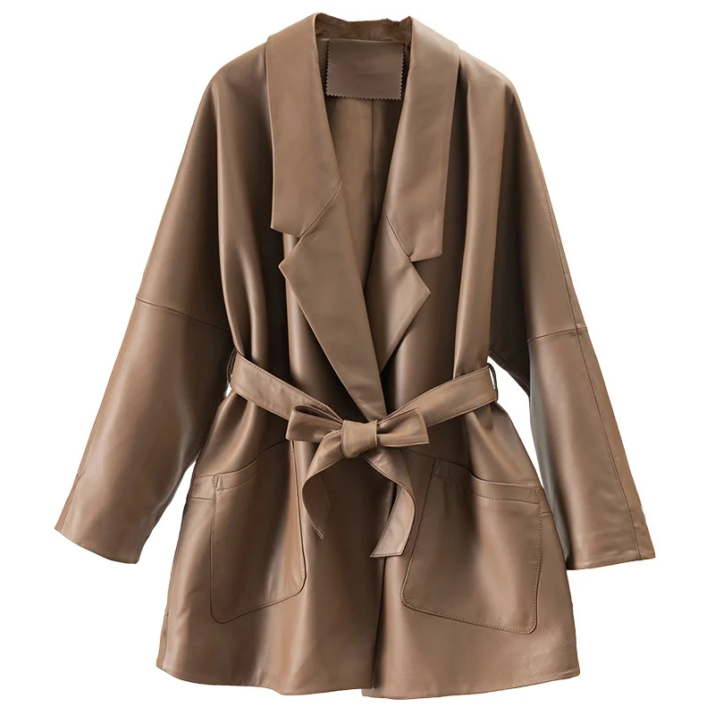 Lady Oversize Leather Jackets 2023 New Autumn Winter Sheepskin Coat Full Sleeve With Belt Women Clothing FG5452