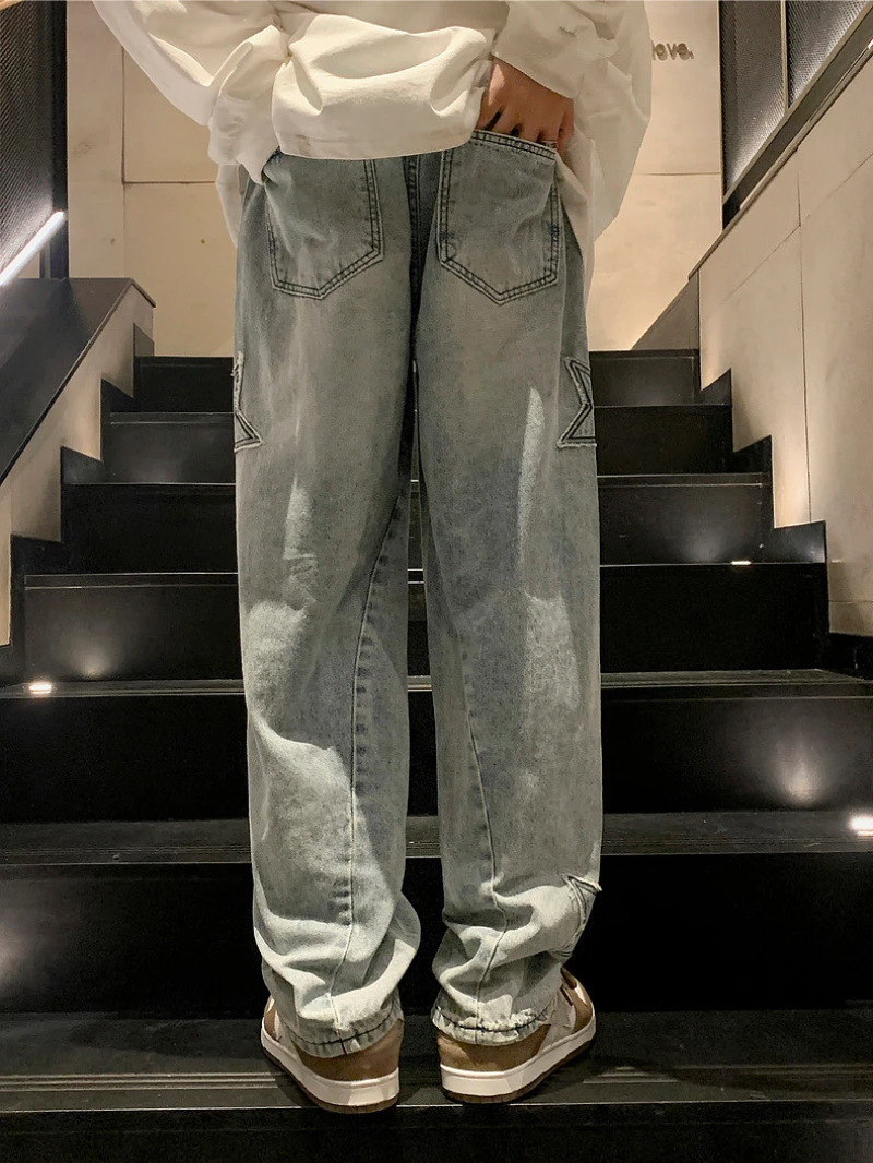 Men Stars Pattern Denim Pants Pockets Casual Breathable Cotton Blend Straight Leg Jeans For Spring Fall men jeans mens jeans jeans trousers denim trousers