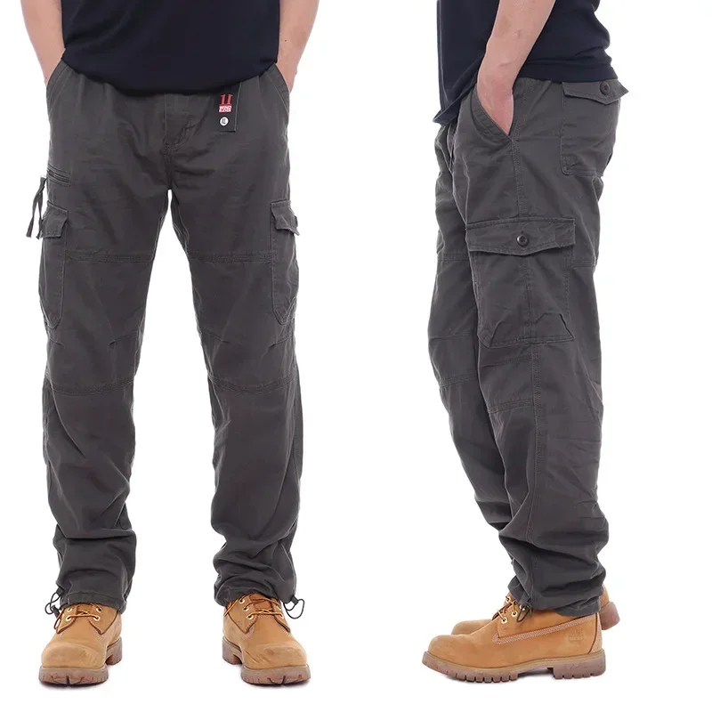 Men's Cotton Overalls Casual Pants Elastic Waist Plus Size Multi-pocket Slacks,men pants