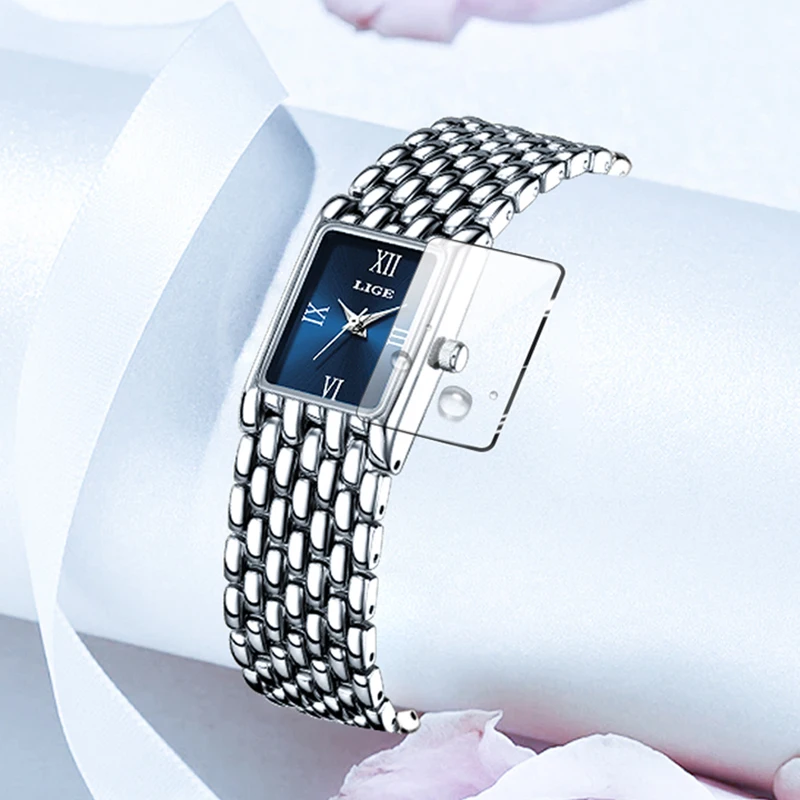 LIGE Women's Quartz Wristwatch Fashion Simple Sport Waterproof Watches For Women Creative Steel Square Watch Ladies Reloj Mujer