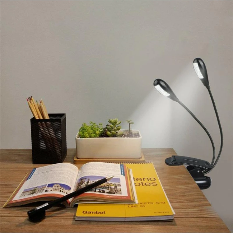 Black Clip-on 2 Dual Arms 4 LED Flexible Book Music Stand Light Eye Protection Adjustable Desk Lamp For Reading Work