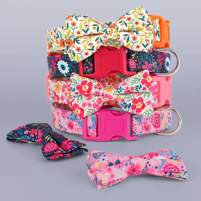 Floral Printed Nylon Dog Collar Adjustable Spring Dog Necklace Collars With Bowknot For Small Medium Large Dogs Pug Chihuahua 2