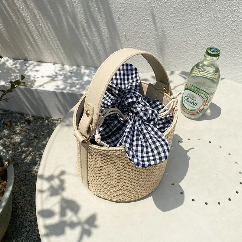 

Bohemian Fake Grass Straw Bag Bucket Summer Travel Beach Bag Women's Handbag Knitting Hollow Silk Scarf Decorative Drawstring