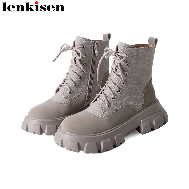 

Lenkisen Cow Suede Leisure Round Toe Thick Bottom Casual Winter Western Boots Lace Up Rivets Brand Vacation Cool Ankle Boots