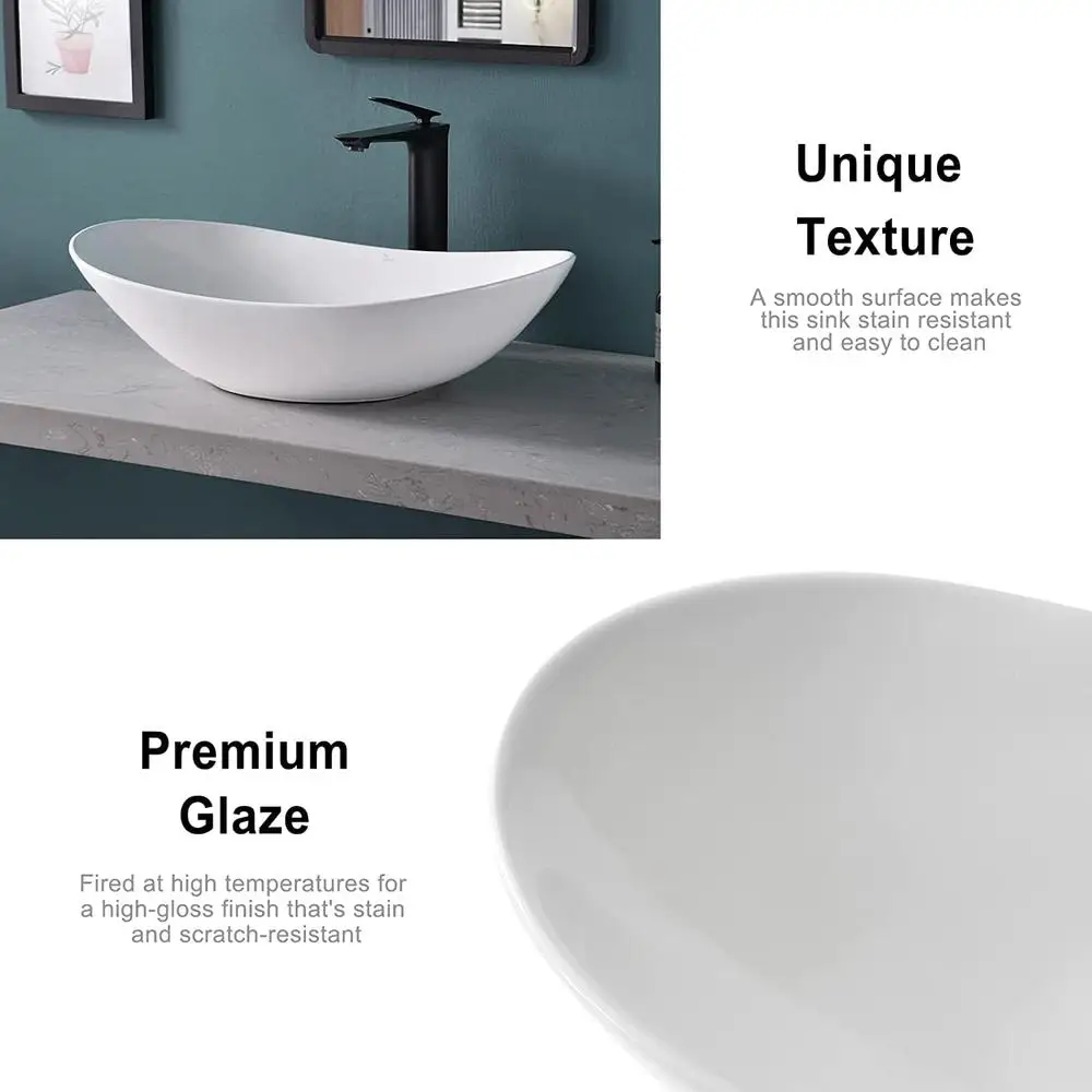 Large Oval Ceramic Vessel Sink with Pop Up Drain Bathroom Above Counter Sink White Nordic Style Easy Install High-Temperature 6