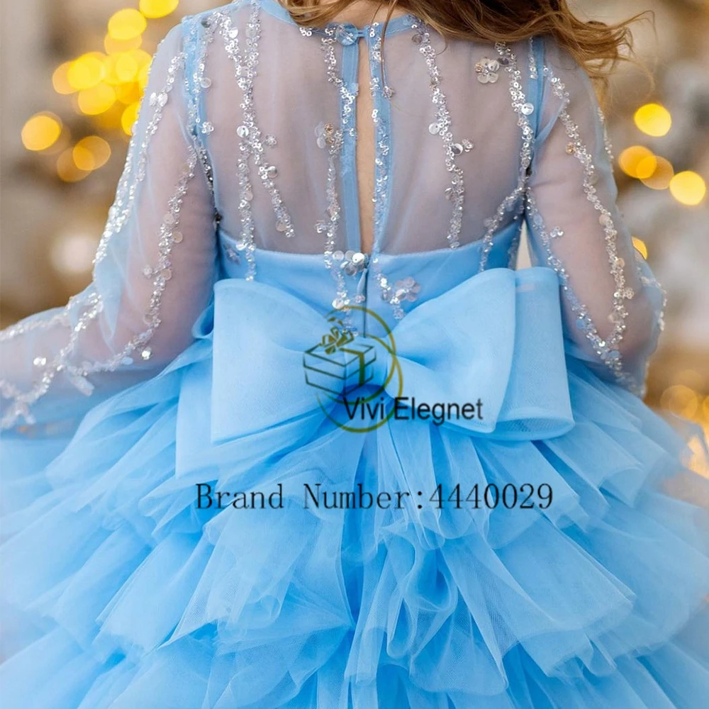 2024 Charming Christmas Gowns with Sequined New Full Sleeve Scoop Flower Girls Dresses Soft Tulle Cute فلور فتاة اللباس Zipper