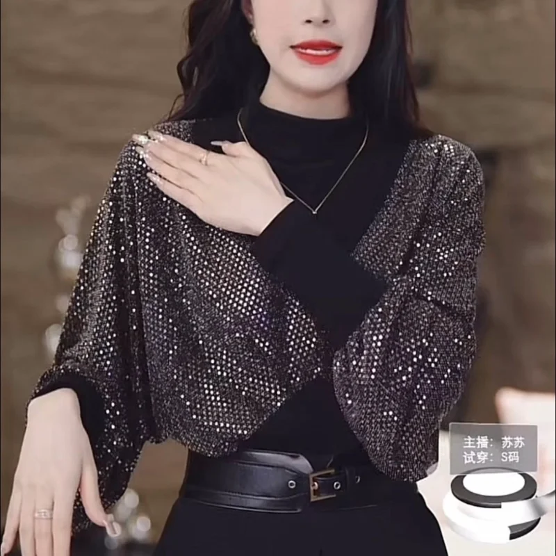 New Women's Clothing Tops Solid Color Crew Neck Long Sleeve Spring Autumn Sexy Streetwear High Street Sequined Spliced Pullovers