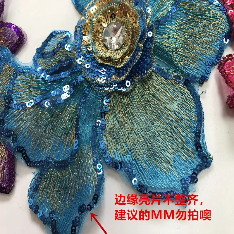 Description Picture 3 of item1Pc Lace Fabric 3D Flower Sequins Rhinestone Embroidered Wedding Appliques Sew Patch For Dress DIY Decoration