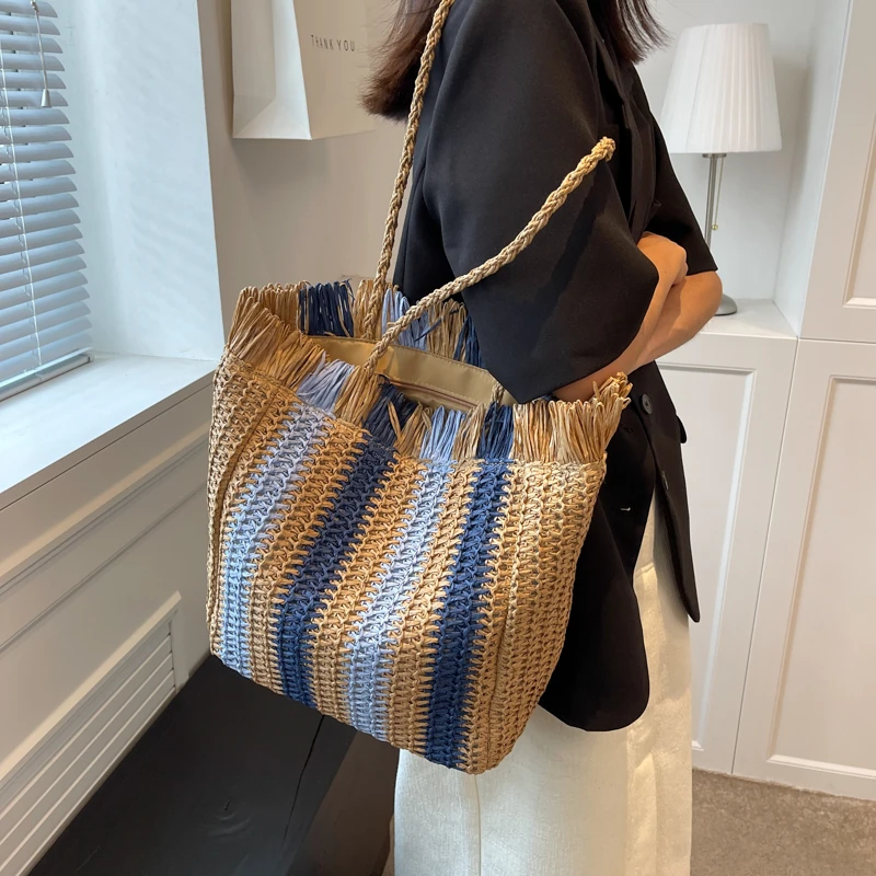 

Fashion Straw Woven Shoulder Bag Stripes Handmade Summer Beach Top-handle Handbag Travel Holiday Women Vacation Shopper Totes