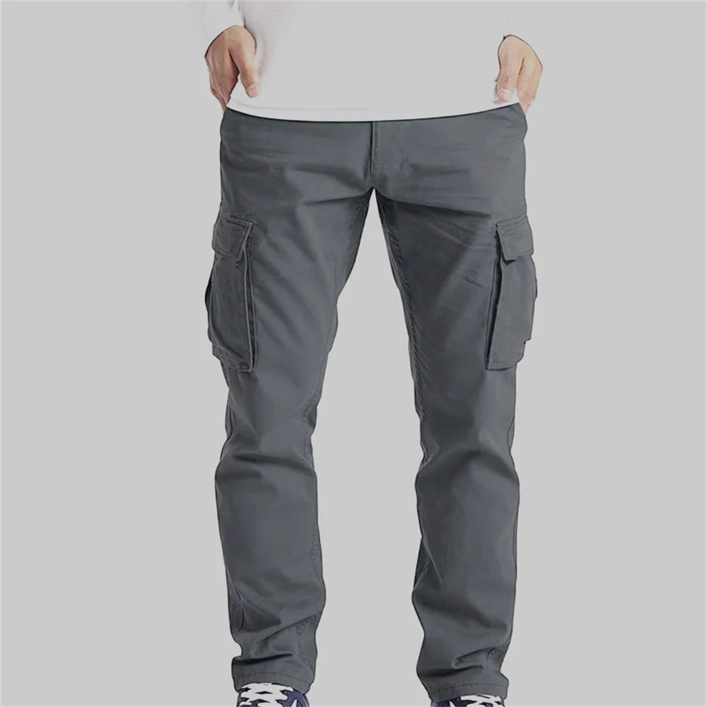 Woven fabric new hot selling solid color casual stock ordinary Men's casual loose straight tube workwear drawstring multi pocket 4