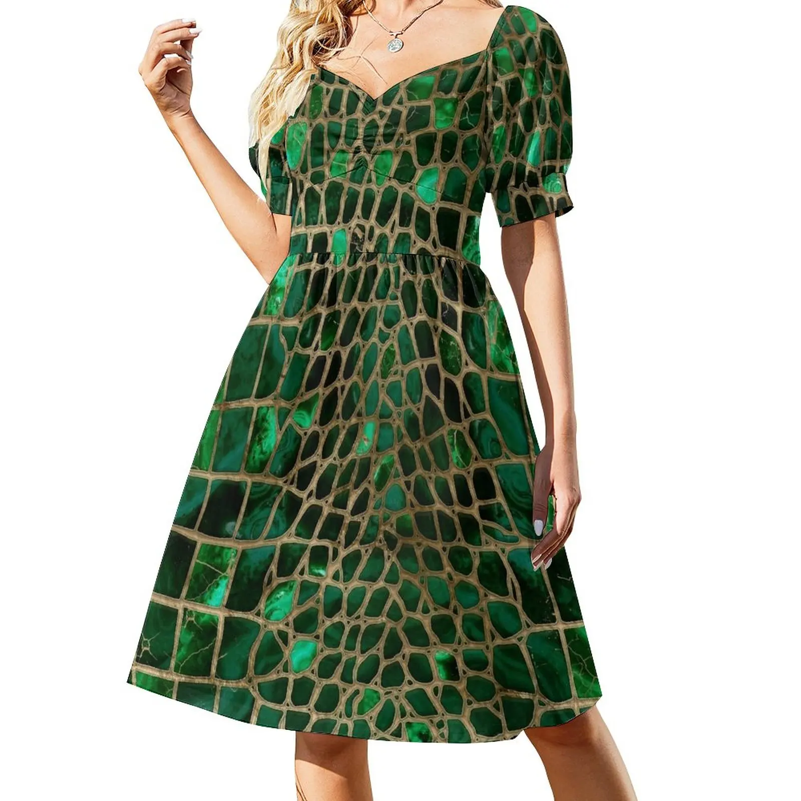 

Faux Crocodile texture Malachite and gold Dress birthday dress for women beach dress summer clothes