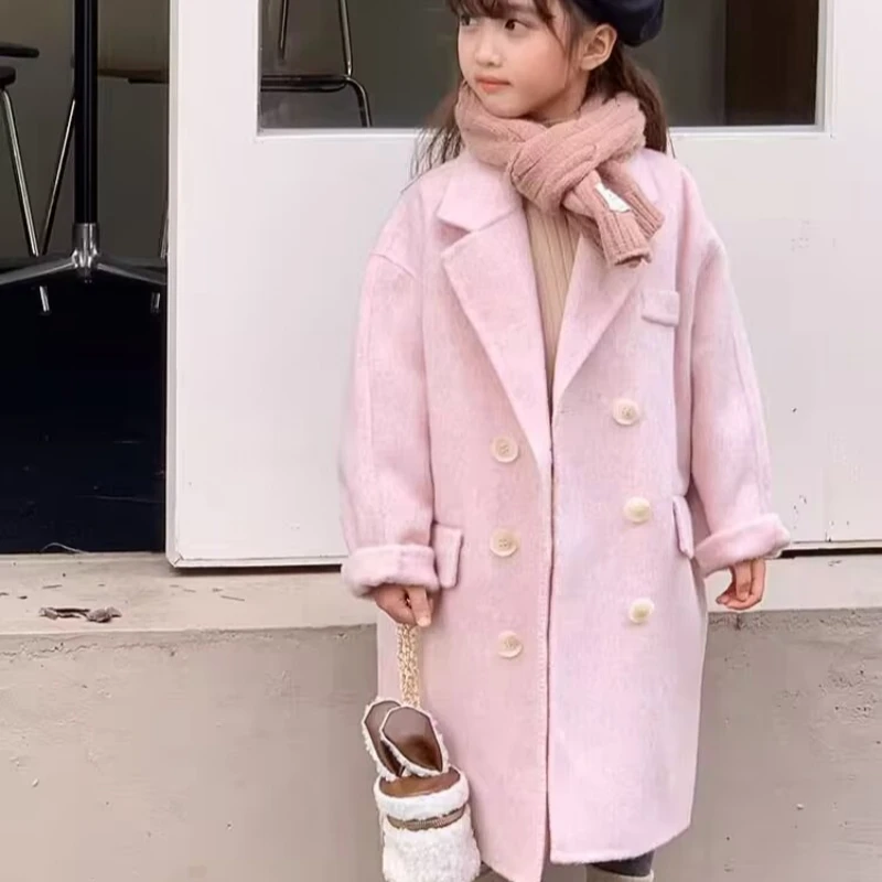 

Girls Woolen Coat Overcoat Jacket Windbreak 2023 Pink Warm Plus Thicken Winter Cotton Tracksuit Sport Children's Clothing