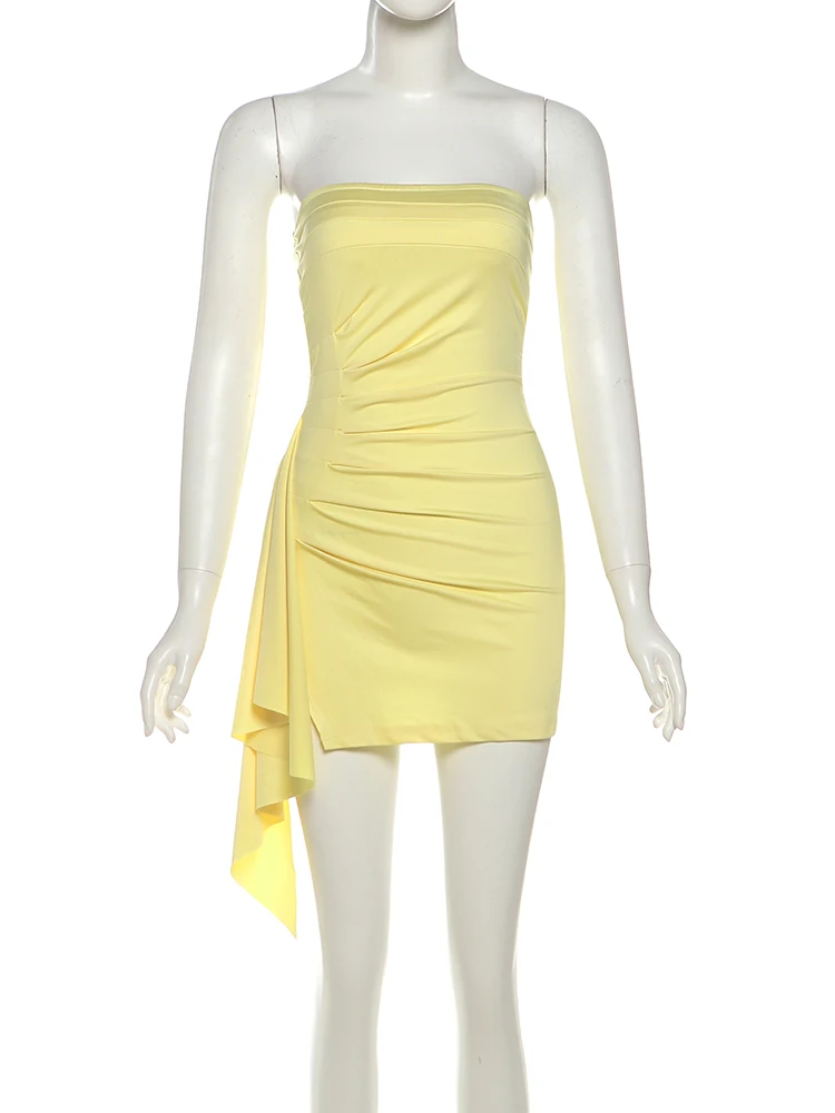 Nibber Ruched Irregular Hem Dress Women Sleeveless Slit Stretch Skinny Beach Vacation Midnight Party Club Chic Sexy Mini Bodycon