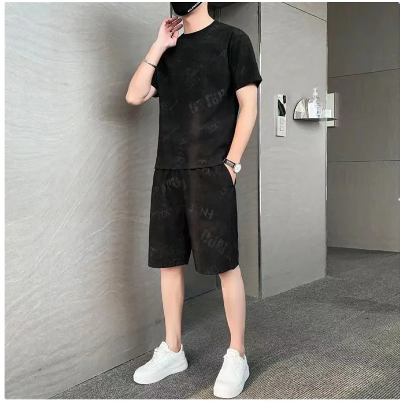 Summer Cool Ice Silk Casual Sports Set for Men's Korean Style Trendy and Handsome Youth Shorts Short Sleeve T-shirt Set H0008