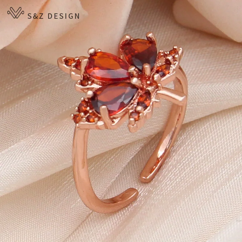 S&Z DESIGN New Fashion Cubic Zirconia Leaf Red Maple Adjustable Rings For Women Wedding Elegant 585 Rose Gold Color Jewelry Gift