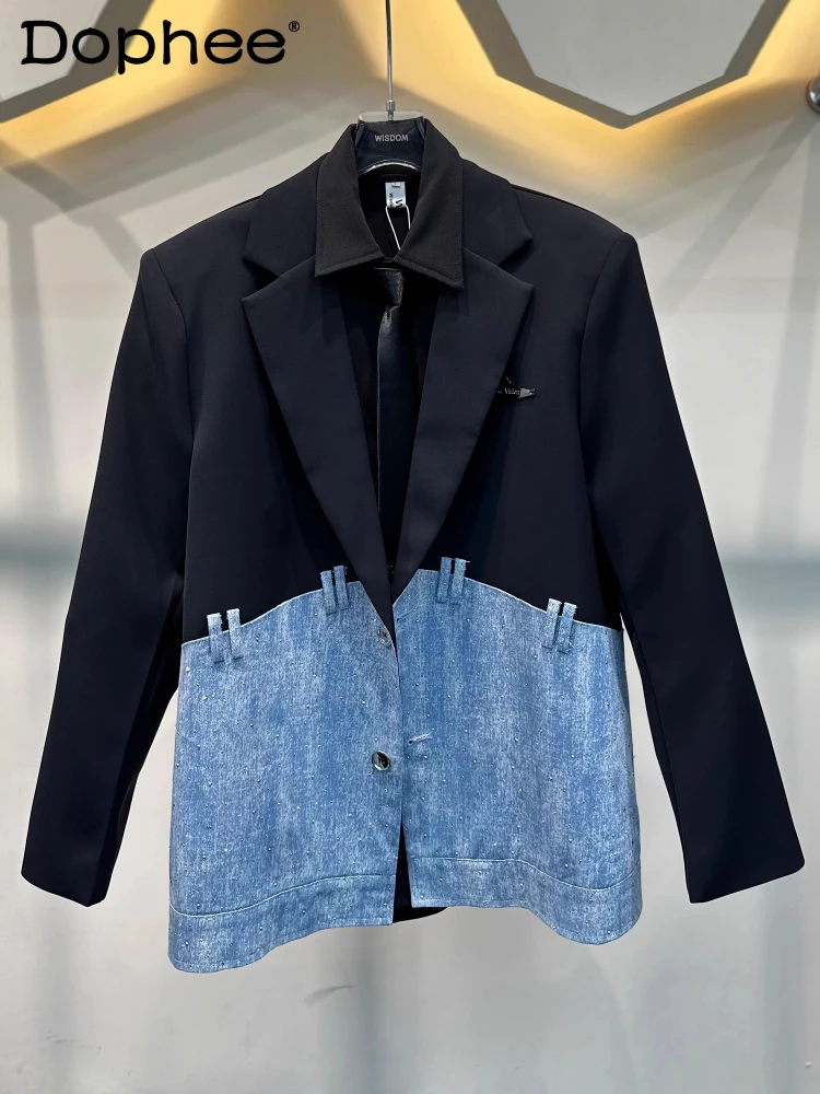 Blazers Men's Contrast Color Splicing Denim Fashion Suit Jacket Hot Diamond Design Loose Versatile Shoulder Padded Suit Jackets