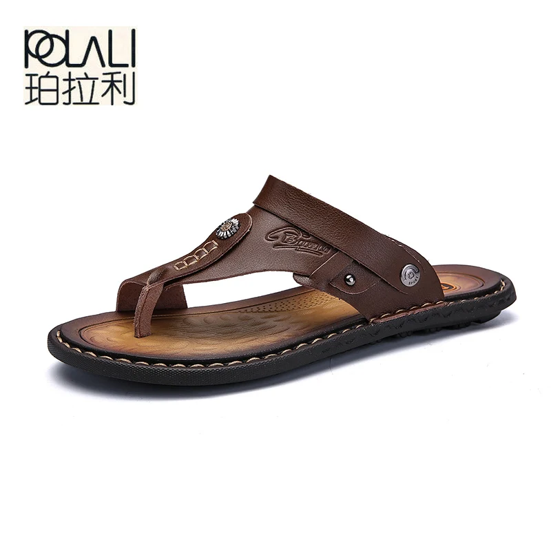 Leather Sandals POLALI Men Sandals Genuine Split Leather Men Beach Sandals Casual Shoes Flip Flops Slippers Sneakers Summer Shoes
