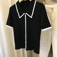 Women Fashion Black White Patchwork Polo Shirts Summer Casual Loose Short Sleeve Knit T-shirt Office Lady Chic Button Pullovers - Image 2