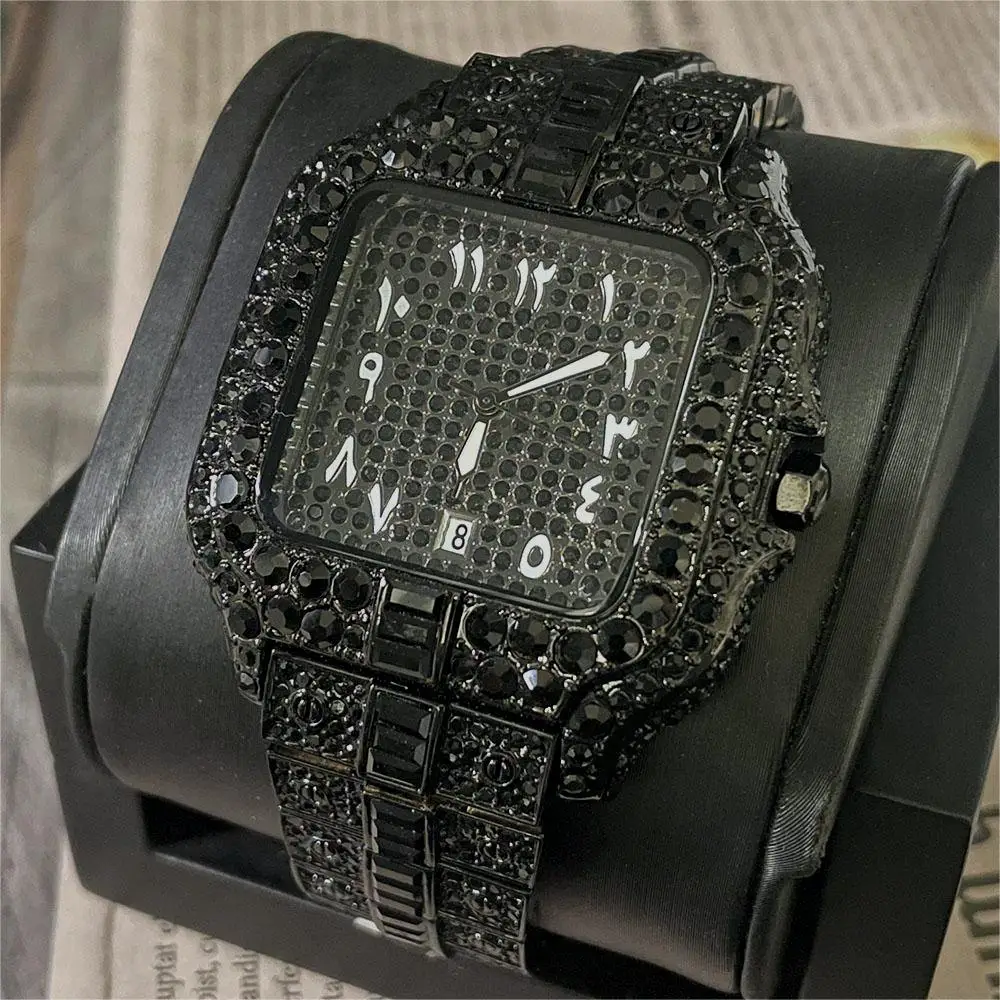 Missfox Fashion Cool Black Watches Men Automatic Date Orologi Impermeabili Hip Hop Iced Diamond Orologio Da Polso Al Quarzo Reloj Hombre 2023