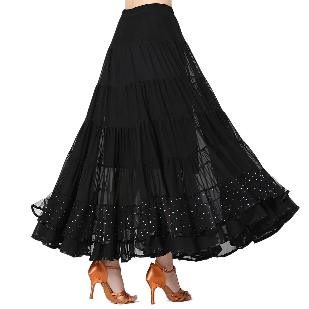 Modern Dance Skirt Ballroom Dance Clothes Sequin Mesh Long Skirt Dance