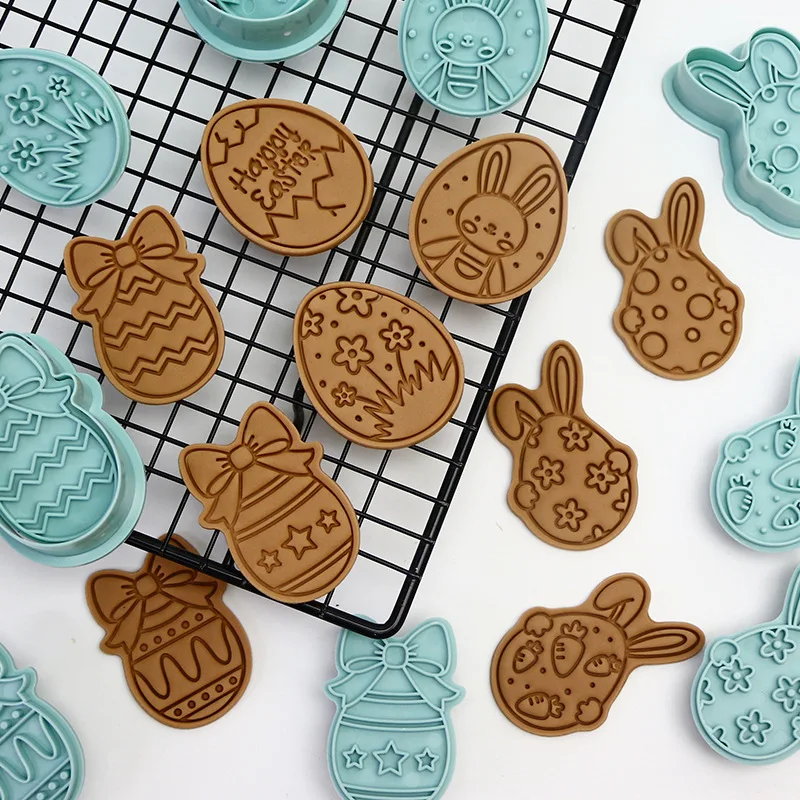 Easter Plastic Cookie Cutter Rabbit Egg Biscuit Cutter 3D Cartoon Bunny Molds Baking Tools Party Cupcake DIY Supplies 1Set cookie cutter baking mold cookie mould cookie printing mold