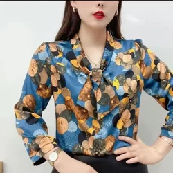 Women Spring Summer Style Chiffon Blouses Shirts Lady Casual Half Sleeve Bow Tie Collar Printed Blouses Tops