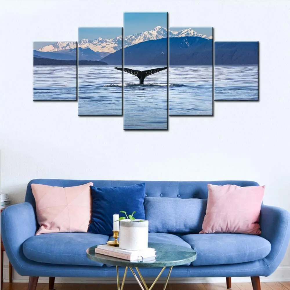 

No Framed Canvas 5Pcs USA Alaska Whale Tail in The Mountain Ocean Animal Seascape Wall Art Posters Pictures Home Decor Paintings