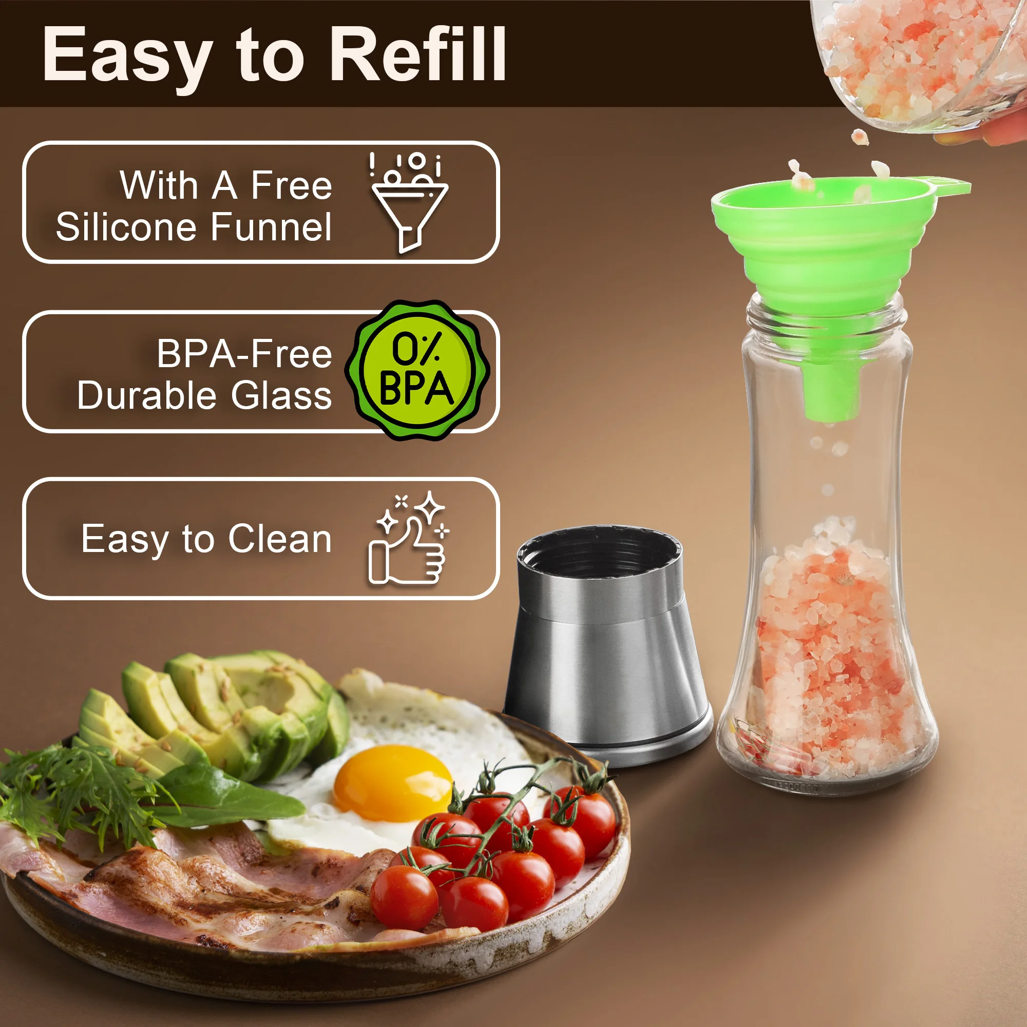 Stainless Steel Salt and Pepper Grinder Set Pepper Mill Salt Mill Adjustable Coarseness Glass Spice Shakers