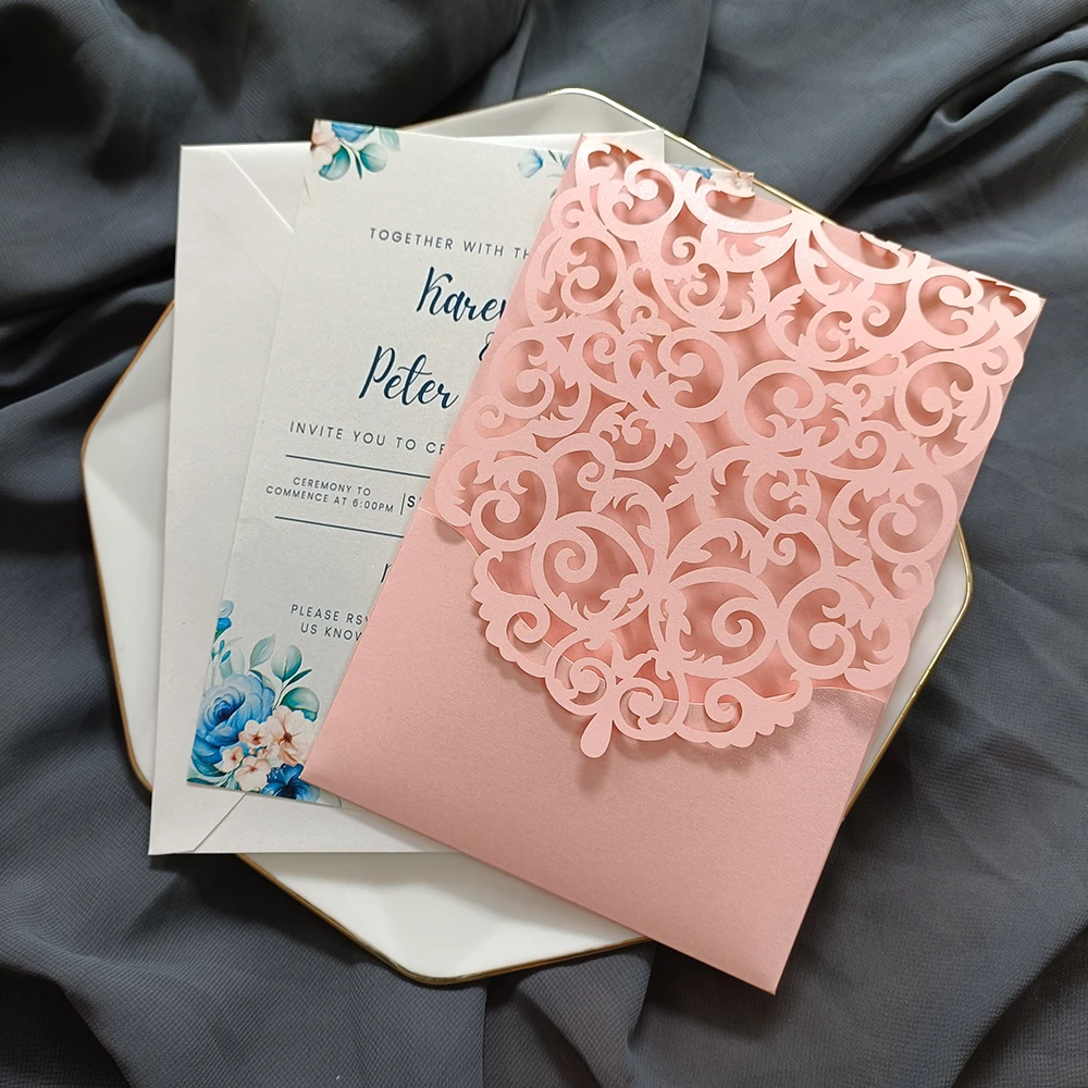 50x Pink Shiny Personalized Print Pocket Fold Laser Cut Invitation Cards  For Wedding Birthday Party Favors| | - AliExpress