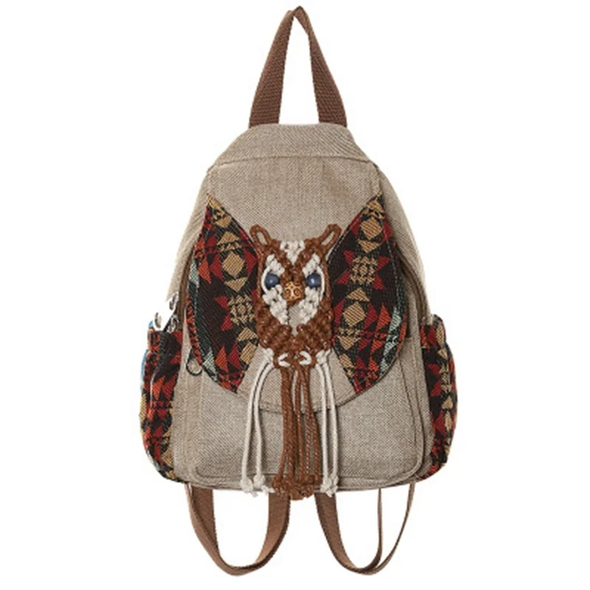 

Handmade Canvas Backpack Women Vintage Weave Bag New National Tassel Backpack For Female Splice Owl Pattern Travel Bag