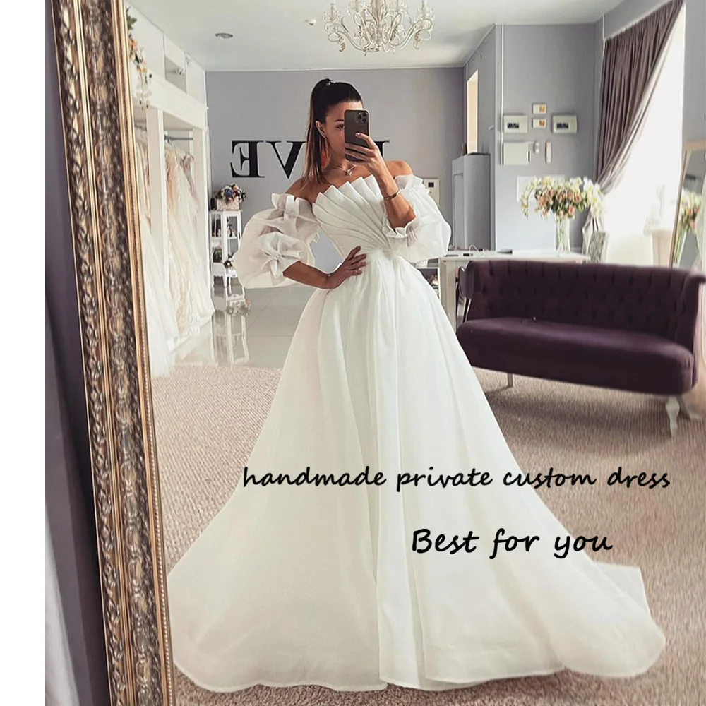 

Белое ТРАПЕЦИЕВИДНОЕ свадебное платье из органзы для невесты, Пышный рукав, без бретелек, Длинные свадебные платья со шнуровкой сзади