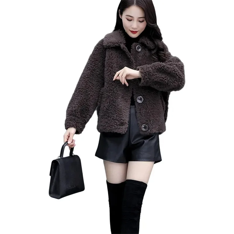 2022 Winter Women Warm Fur Reversible Fleece Coat Jacket Lamb Wool Thickened Locomotive Lapel Female Chic Outwear Teddy Coat