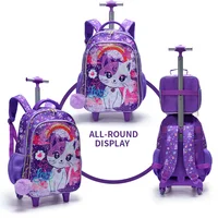 3PCS set Rolling Backpack For Girls, Cute Cartoon Cat Sequin Wheeled Bookbag For Elementary Students, With Lunch Box And Pen Bag 2