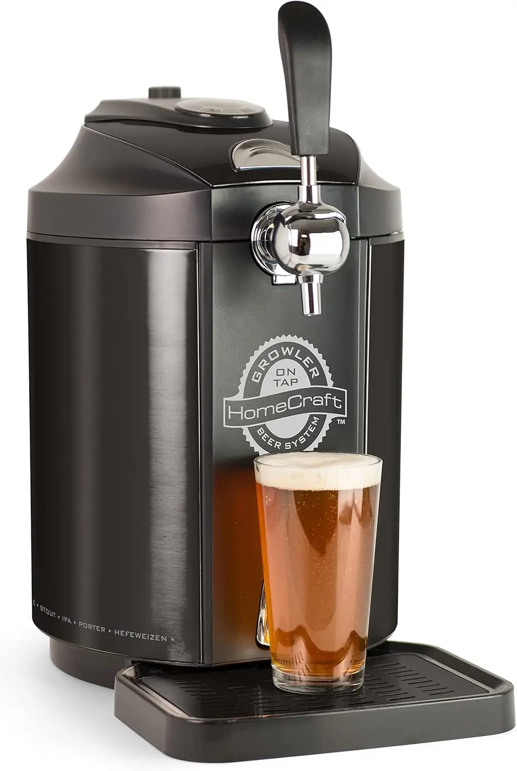 

Black Stainless Steel Easy-Dispensing Tap Beer Cooling System, Includes Reusable Growler, CO2 Cartridges, Removable Drip Tray