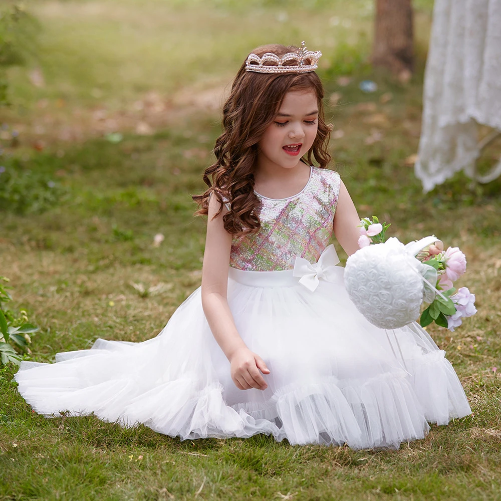 

2023 Sequin Children's Dress Princess Dress Net Yarn Flower Puffy Dress Skirt Sleeveless Trailing Piano Performance Girls Dress