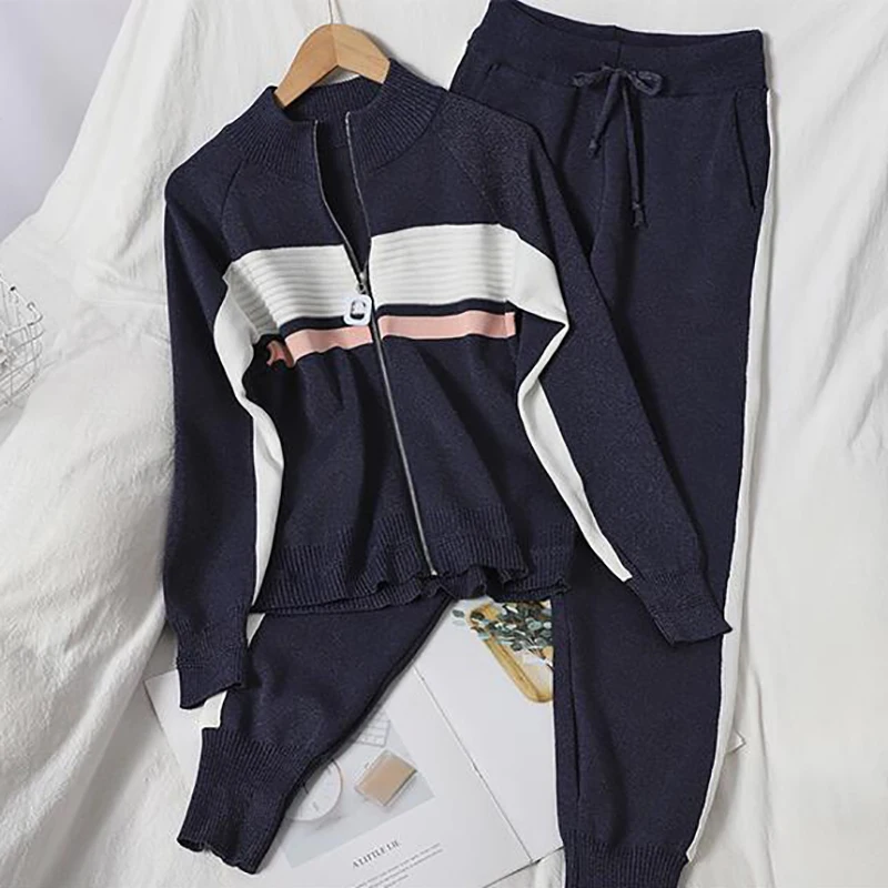 

Korea 2023 New Spring Autumn Knitted Cardigan Women Sets Two Pieces Fashion Chaopai Sweatshirts and Match Female Pant Suits