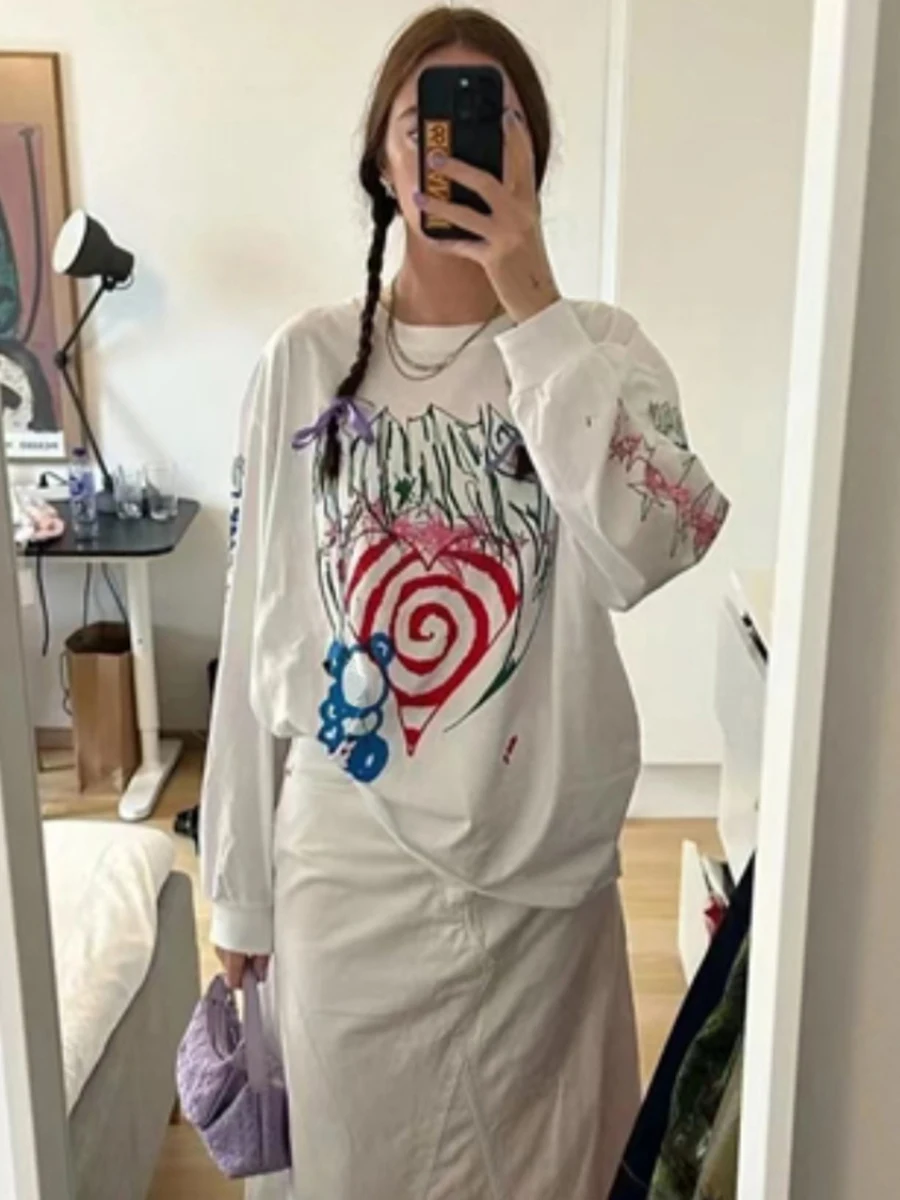 

Graffiti Printed Tees Women Streetwear Chic O-neck Draped Sleeve T-shirt Female Korean Fashion Casual T-shirts 2024 Spring New
