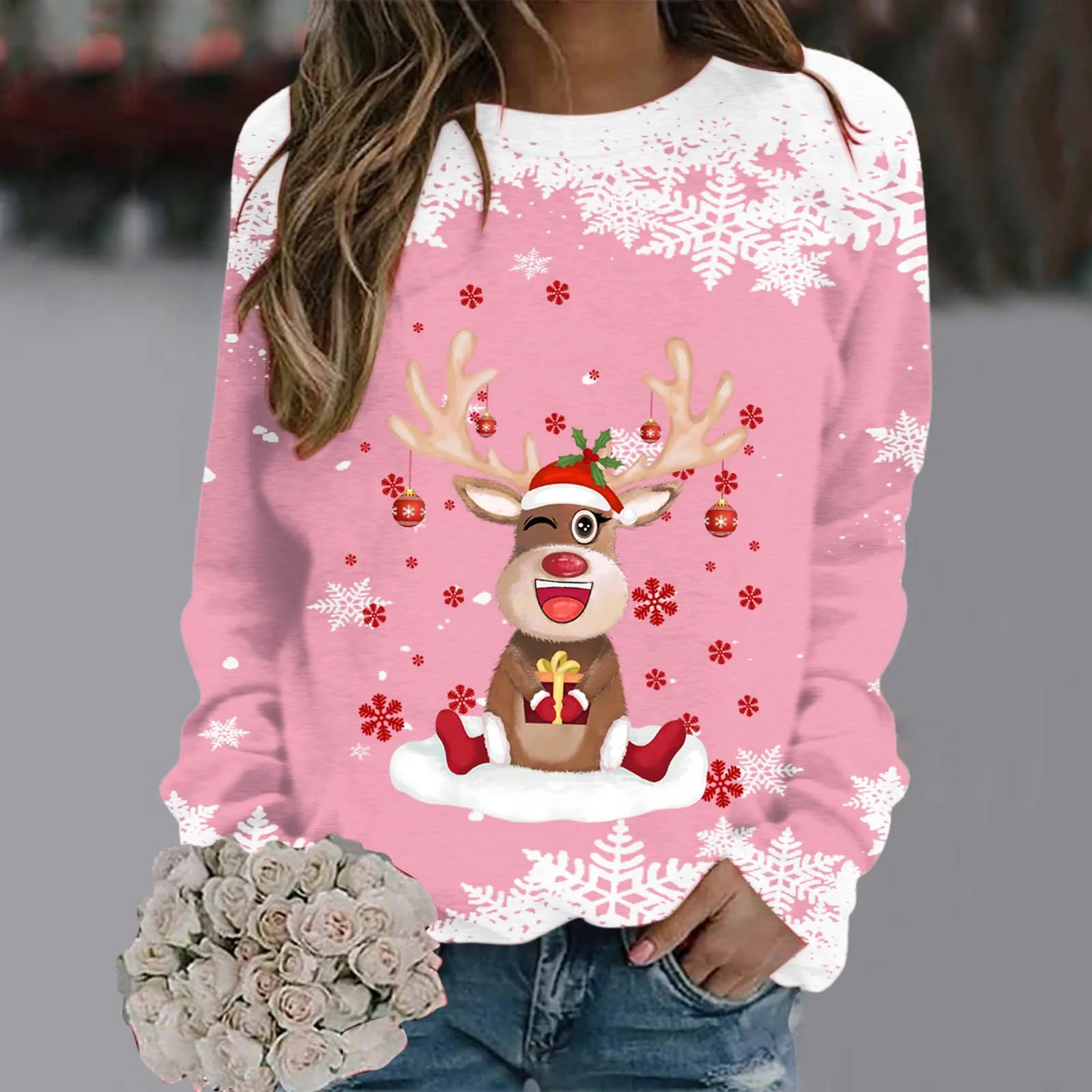 

Drop Shoulder Sweatshirt Women's Christmas Deer Print Round Neck Hooded Sweatshirt Loose And Casual Hoodie Female