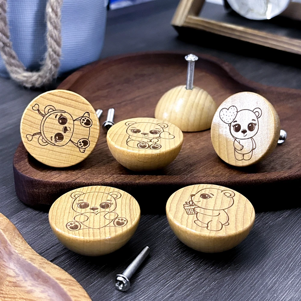 Description Picture 5 of itemSet of 6 Handmade Beech Wood Knobs with Engraved Cute Bear Pattern for Kitchen Cabinets Pulls Dresser Drawers Knobs