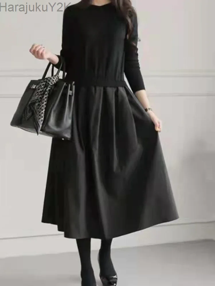 

Japan Style Fashion Casual Sweater Patchwork Women Dress O-neck Long Sleeve Elegant Robe Female 2023 Fall Winter Midi Vestidos