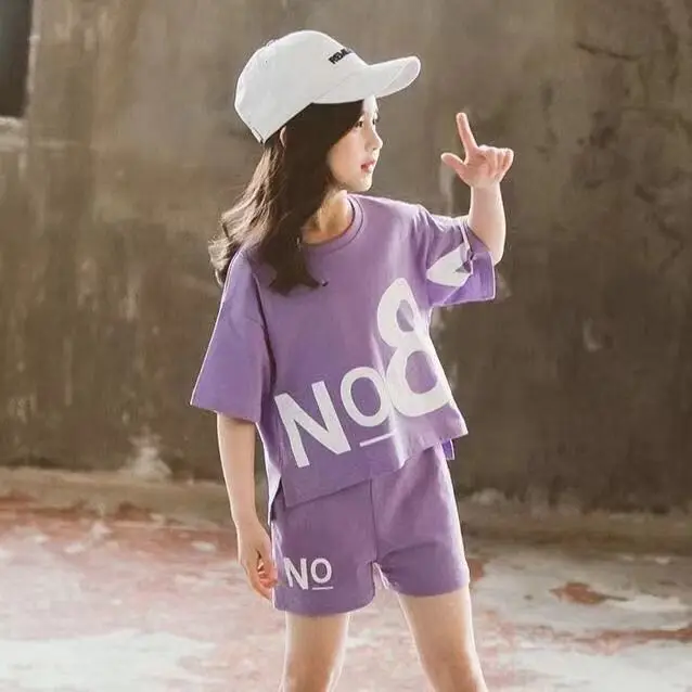 Children Short Sleeve Top +shorts 2pc Girls Summer Suit Teen Sportswear Girls Clothes Sets Boutique Kids Clothing