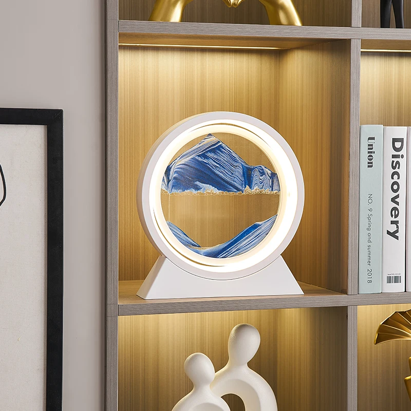 

White Border Rotating Blue Quicksand Painting Table Lamp Home Decor Aesthetic Bedroom Bedside Table Ornaments Desk Accessories