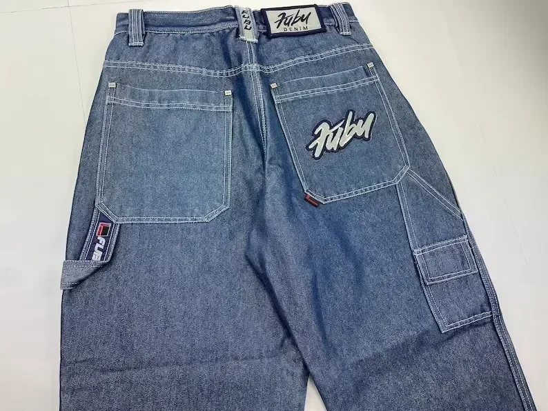 FUBU Jeans Retro Loose Jeans Pocket Embroidery Punk New Hip Hop Rock Men and Womens Streetwear Daily High Waisted Wide Leg Jeans 4